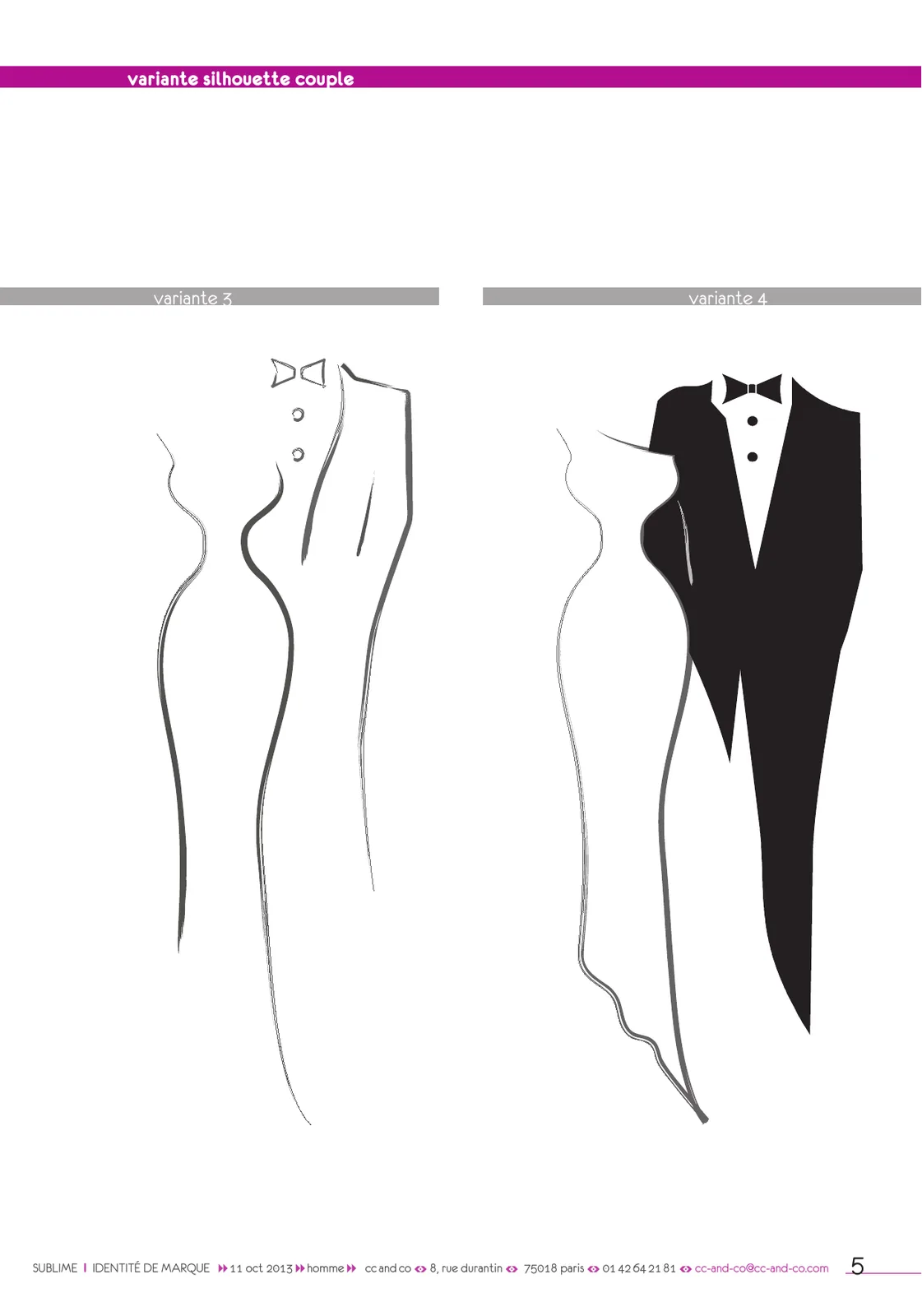 Planche « variante silhouette couple » : silhouettes dessinées d'une mariée et d'un marié en smoking.