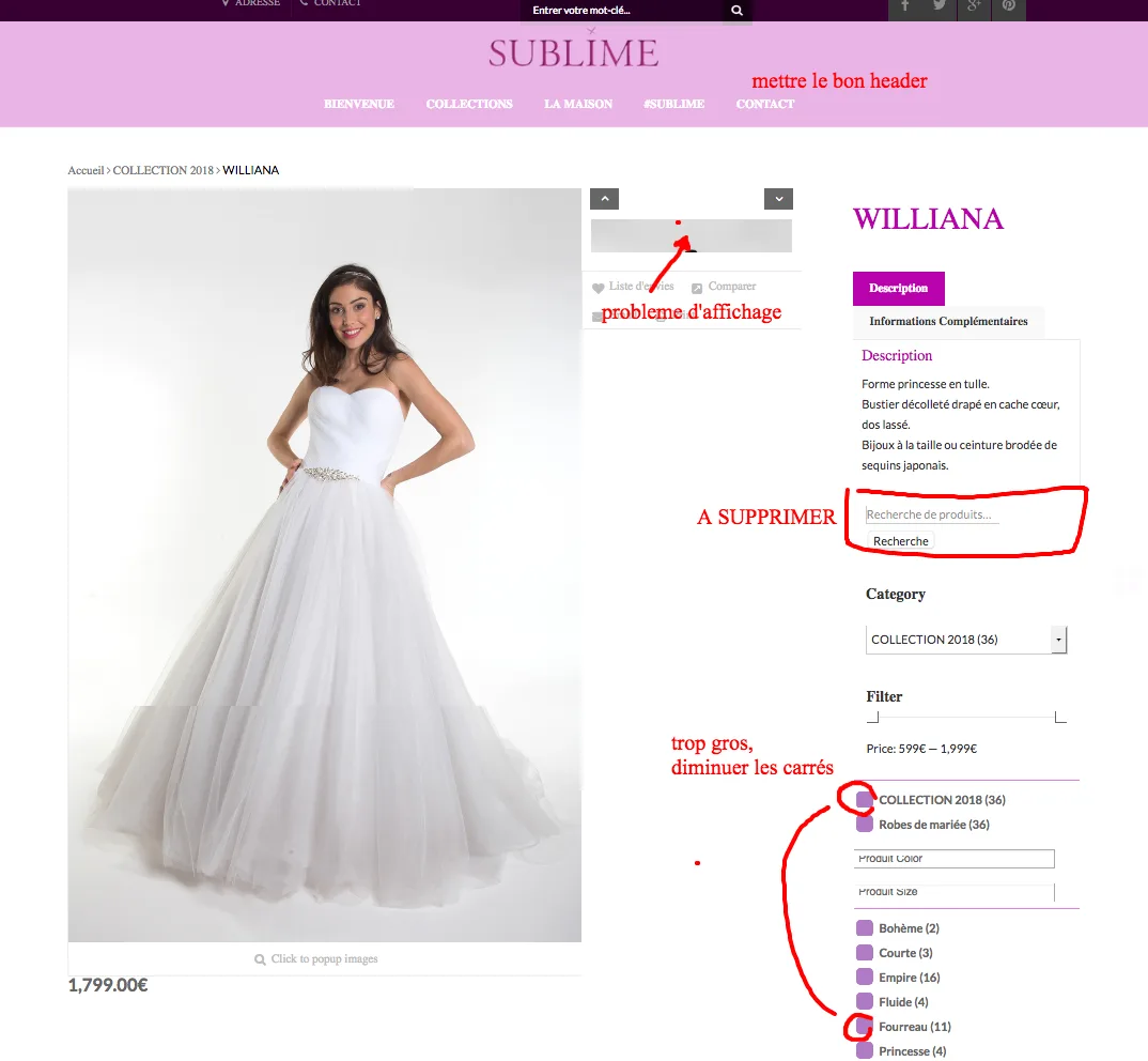 Capture d'une fiche produit du site Sublime, robe Williana, annotée en rouge pour corrections.