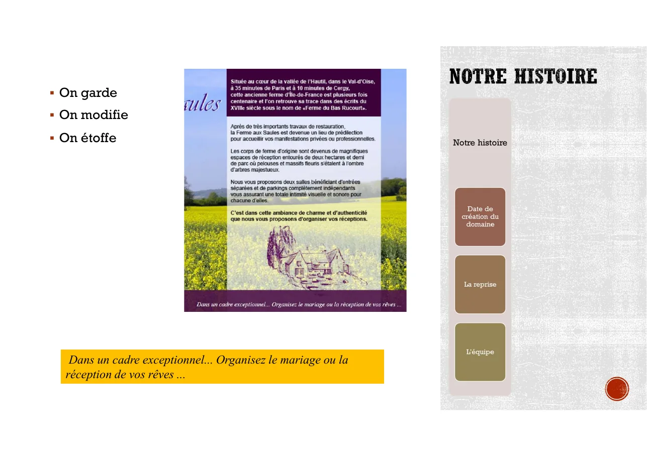 Page du brief 2022 pour la Ferme aux Saules : code « On garde, on modifie, on étoffe » et rubriques du site.