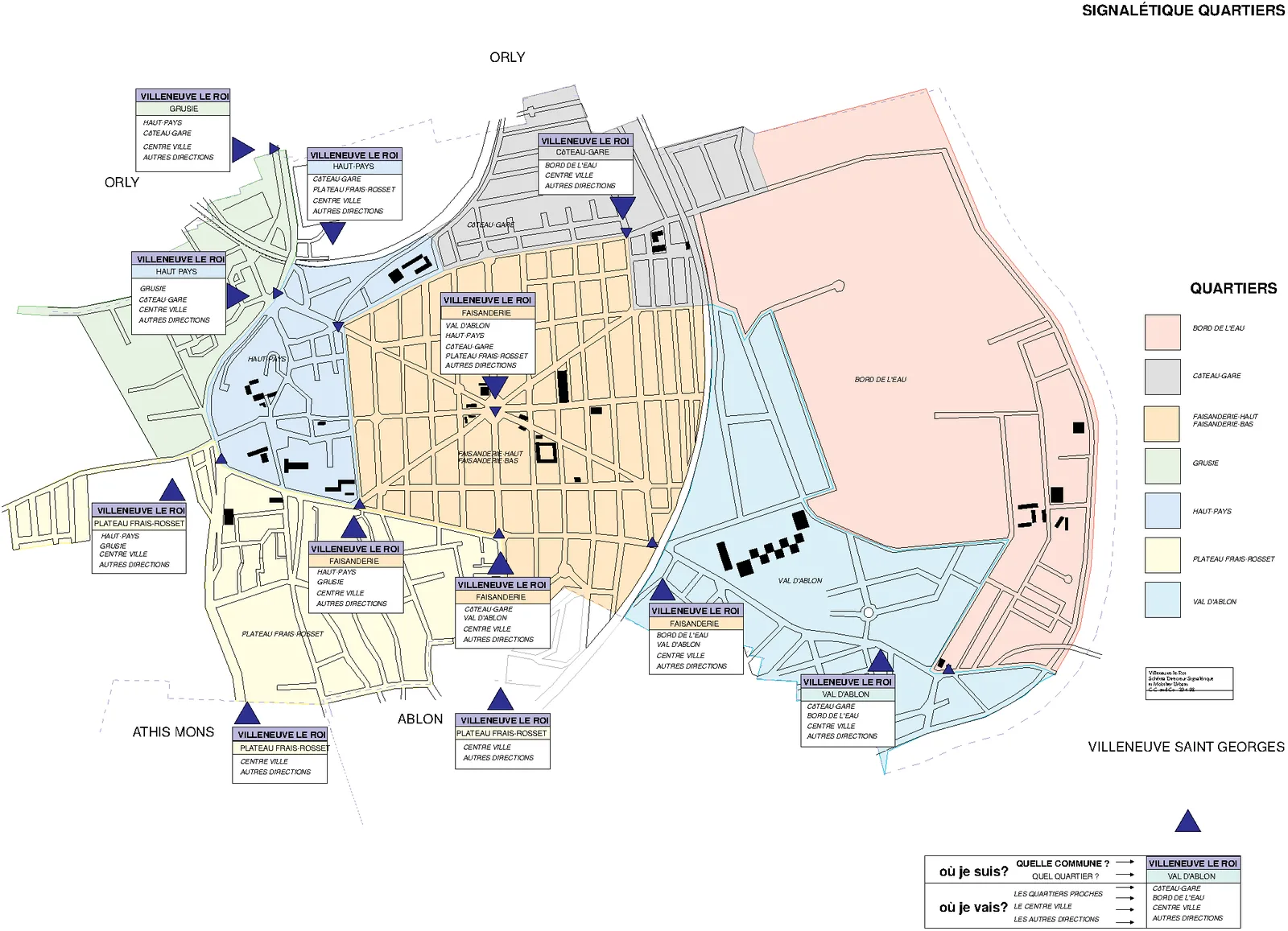 Plan de Villeneuve-le-Roi découpé en quartiers colorés avec l'implantation des panneaux.