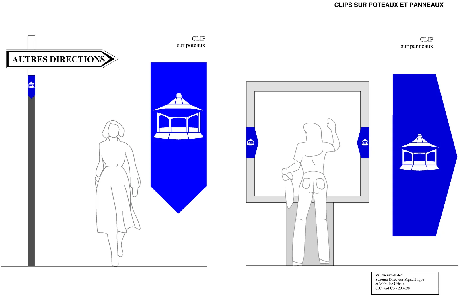 Dessin des clips sur poteau et sur panneau, avec silhouettes à l'échelle.