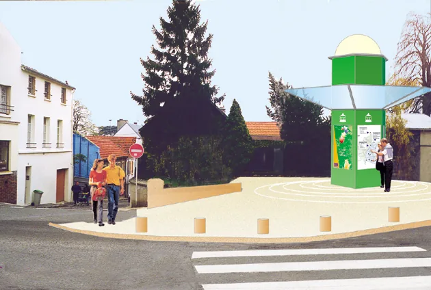 Photomontage d'un kiosque vert sur une place devant la mairie.