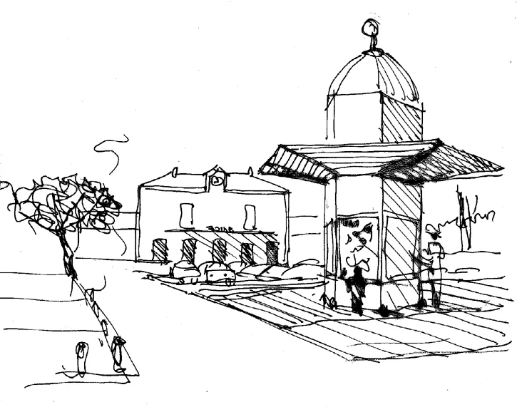 Croquis en perspective d'un kiosque à dôme sur une place.