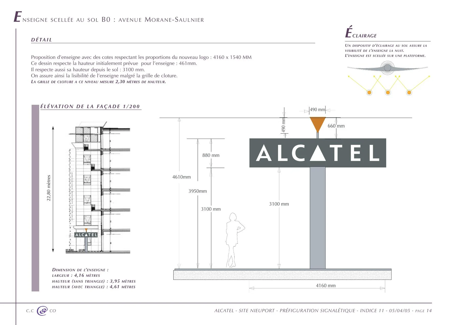 Planche d'élévation de l'enseigne scellée au sol, avenue Morane-Saulnier : coupe de la façade voisine, mât et caisson Alcatel, silhouette pour l'échelle, schéma d'éclairage.