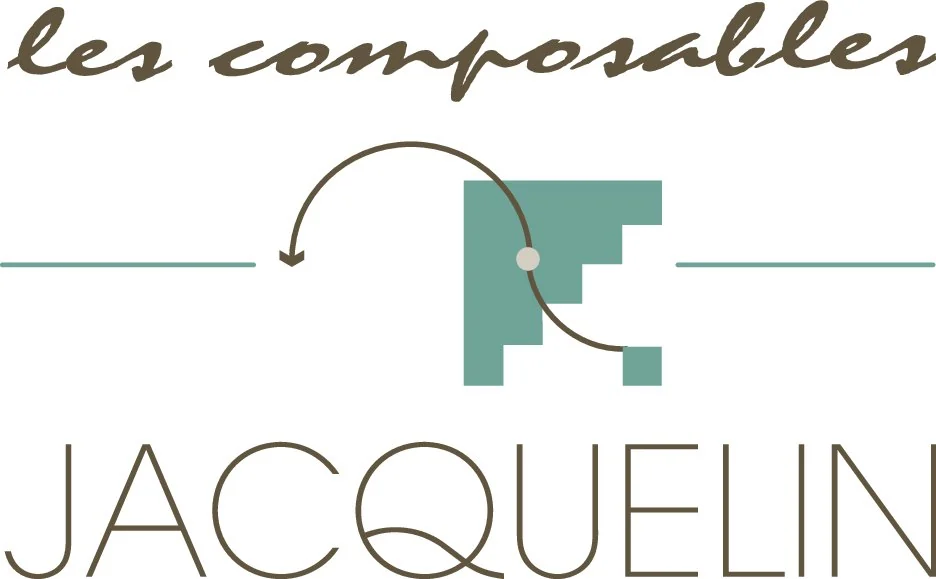 Logotype des Composables Jacquelin : « les composables » manuscrit, carré en escalier vert d'eau traversé d'une flèche en arc, JACQUELIN en capitales brunes.