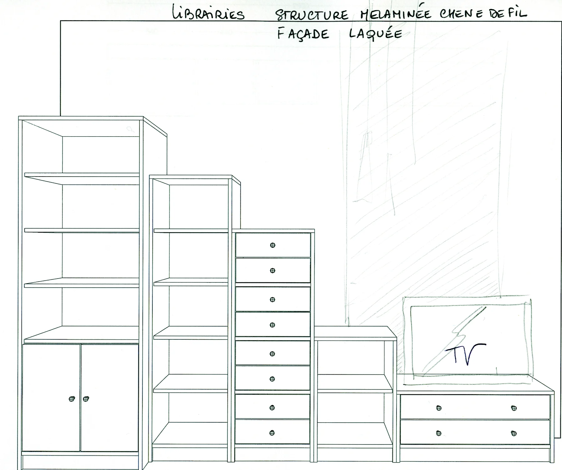 Dessin au trait d'un ensemble de librairies en escalier avec commode à tiroirs et meuble télévision, annoté à la main.