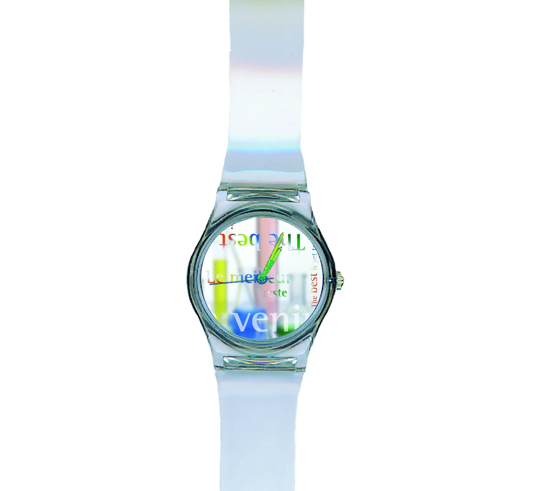 Montre à bracelet transparent, cadran imprimé d'éprouvettes et de la signature.