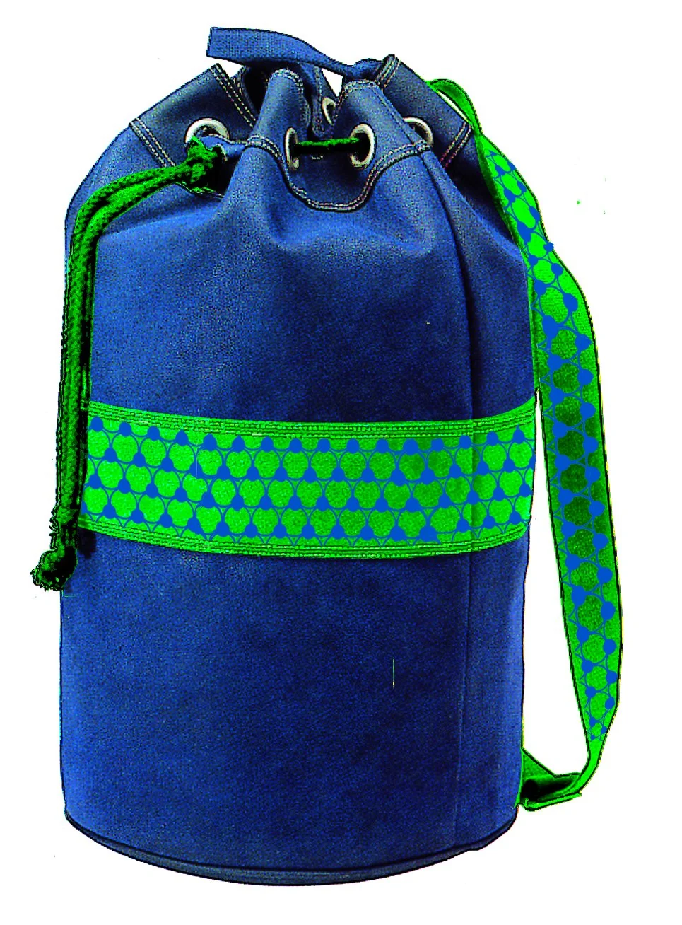 Sac marin bleu à bande verte imprimée de petits triangles, cordon vert.