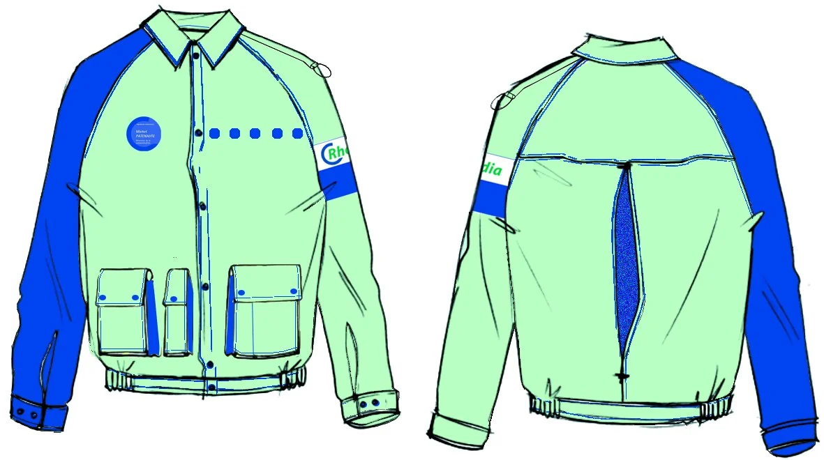 Dessin colorisé d'un blouson vert d'eau à manche droite bleue, de face et de dos, ligne de points et brassard.