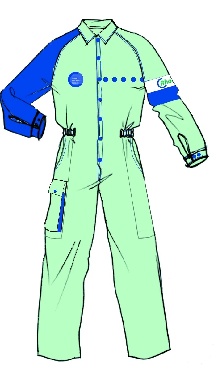 Dessin colorisé d'une combinaison vert d'eau à manche droite bleue, ligne de points et brassard.