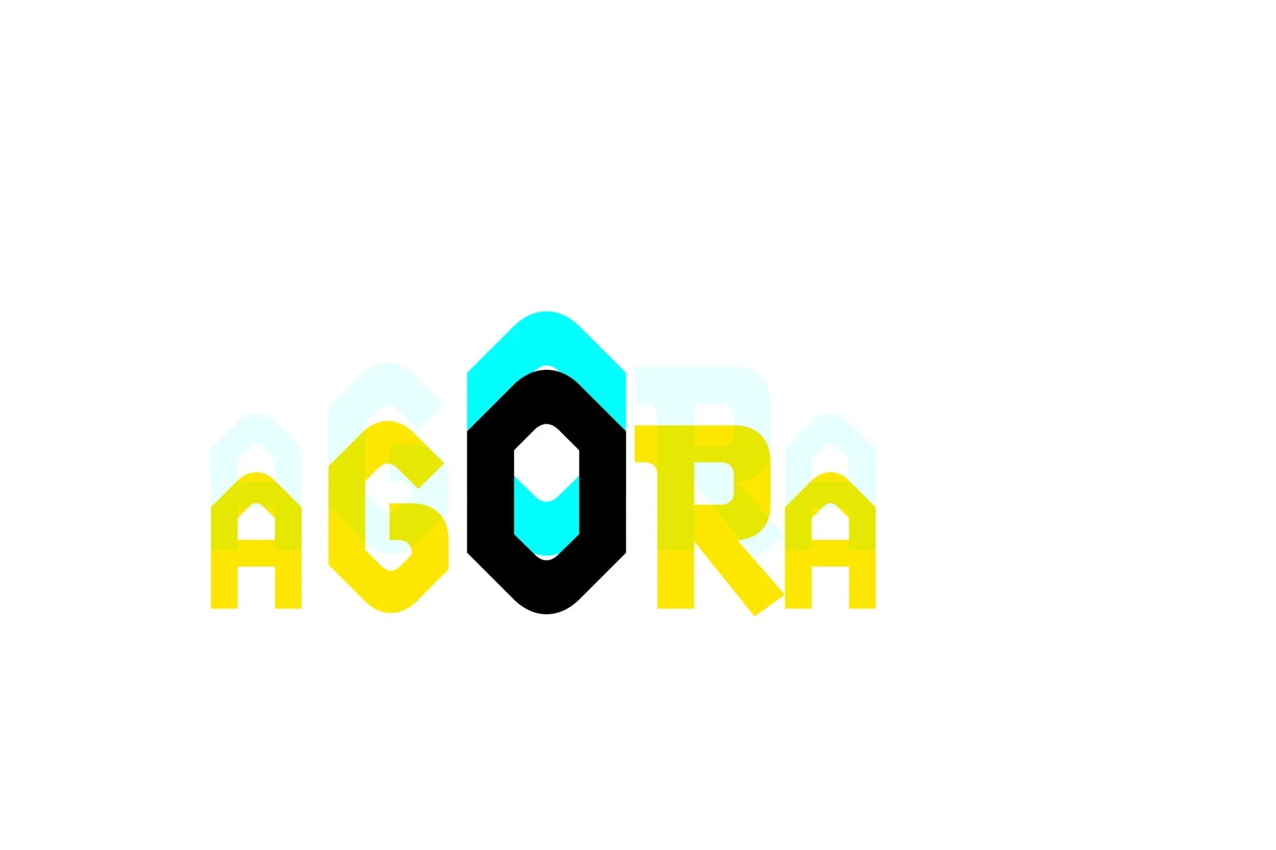 Recherche de logotype : AGORA en capitales jaunes, un O noir cerné de bleu clair au centre.