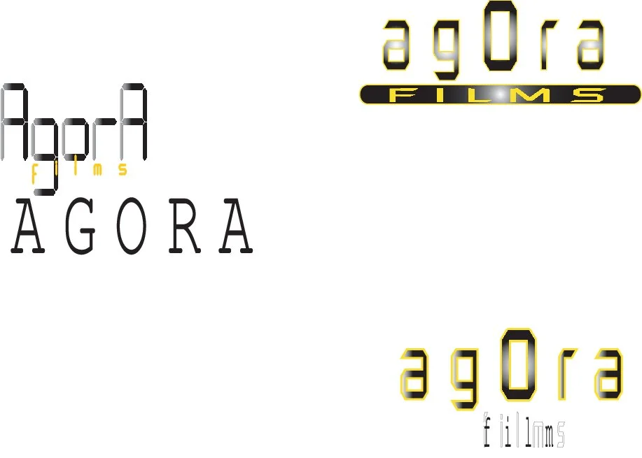 Planche de recherche : AGORA en lettres étroites, en capitales espacées et en lettres de chiffres lumineux, avec une première version agOra FILMS.