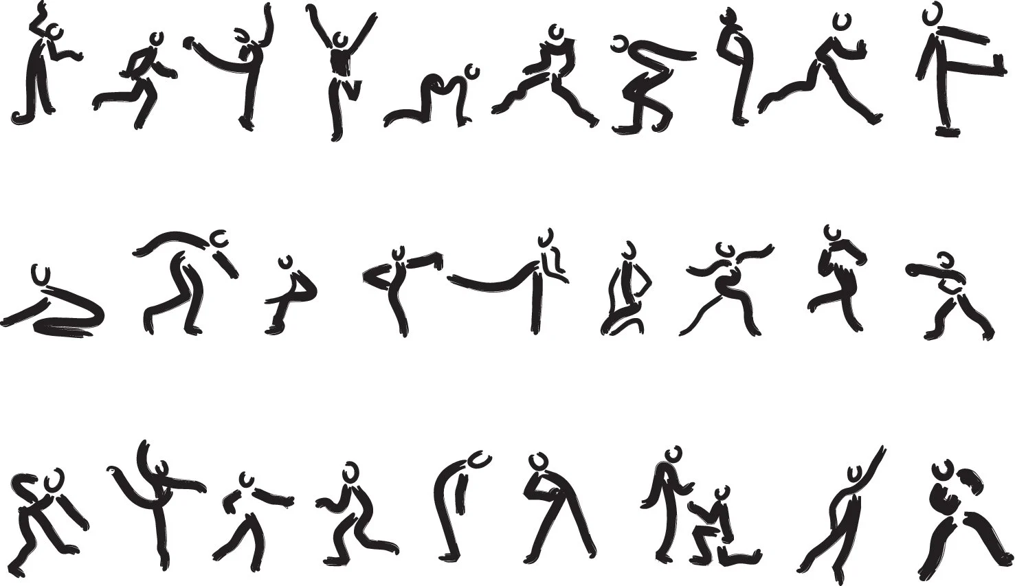 Planche de silhouettes noires au trait épais, en trois rangées.