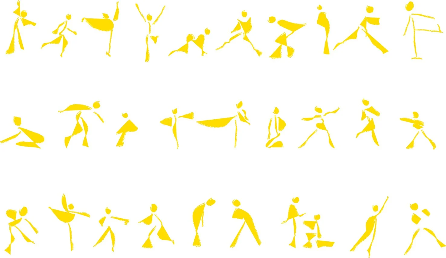 Planche de silhouettes jaunes au trait fin, en trois rangées.