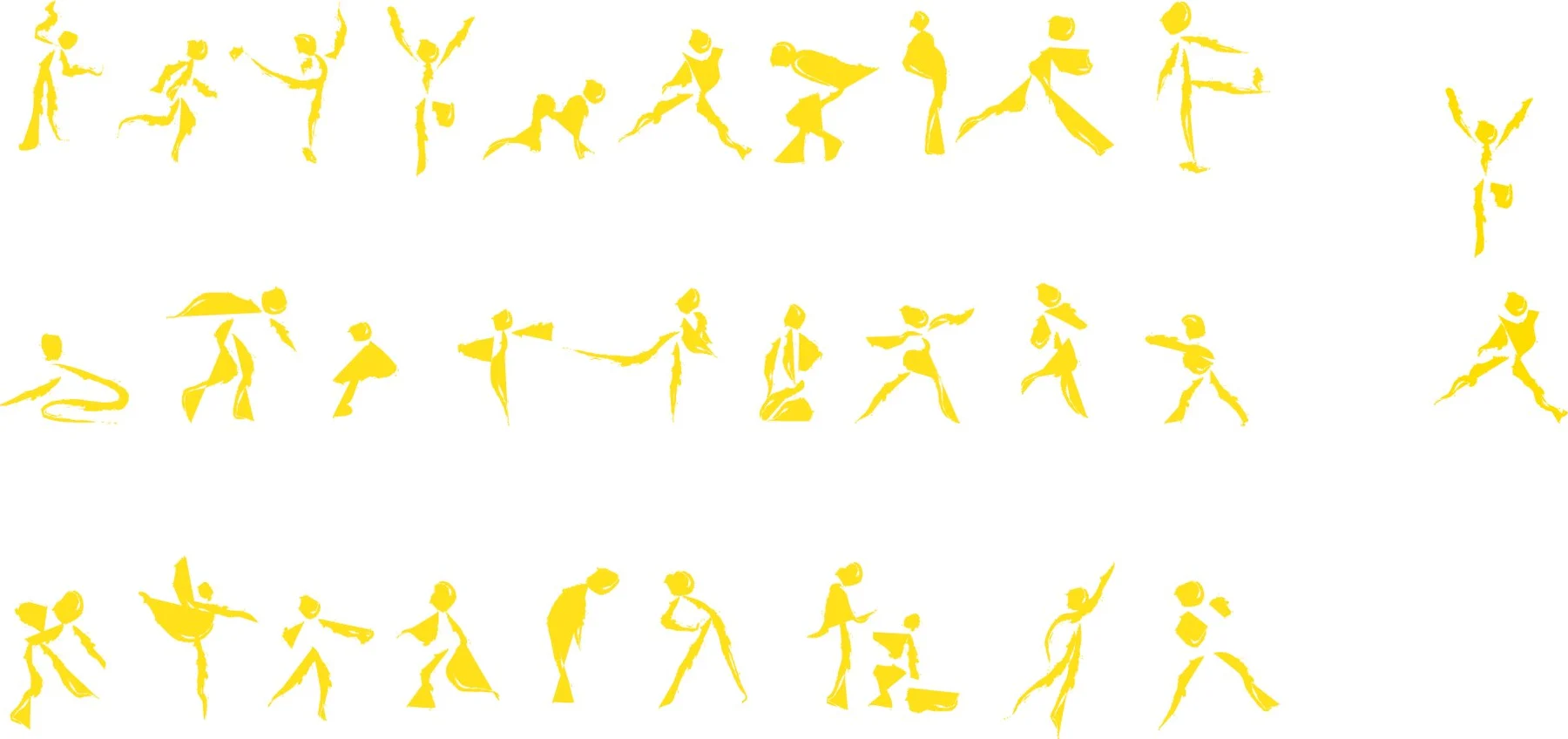 Trois planches de silhouettes à l'encre : une trentaine de figures en mouvement, en noir puis en jaune.
