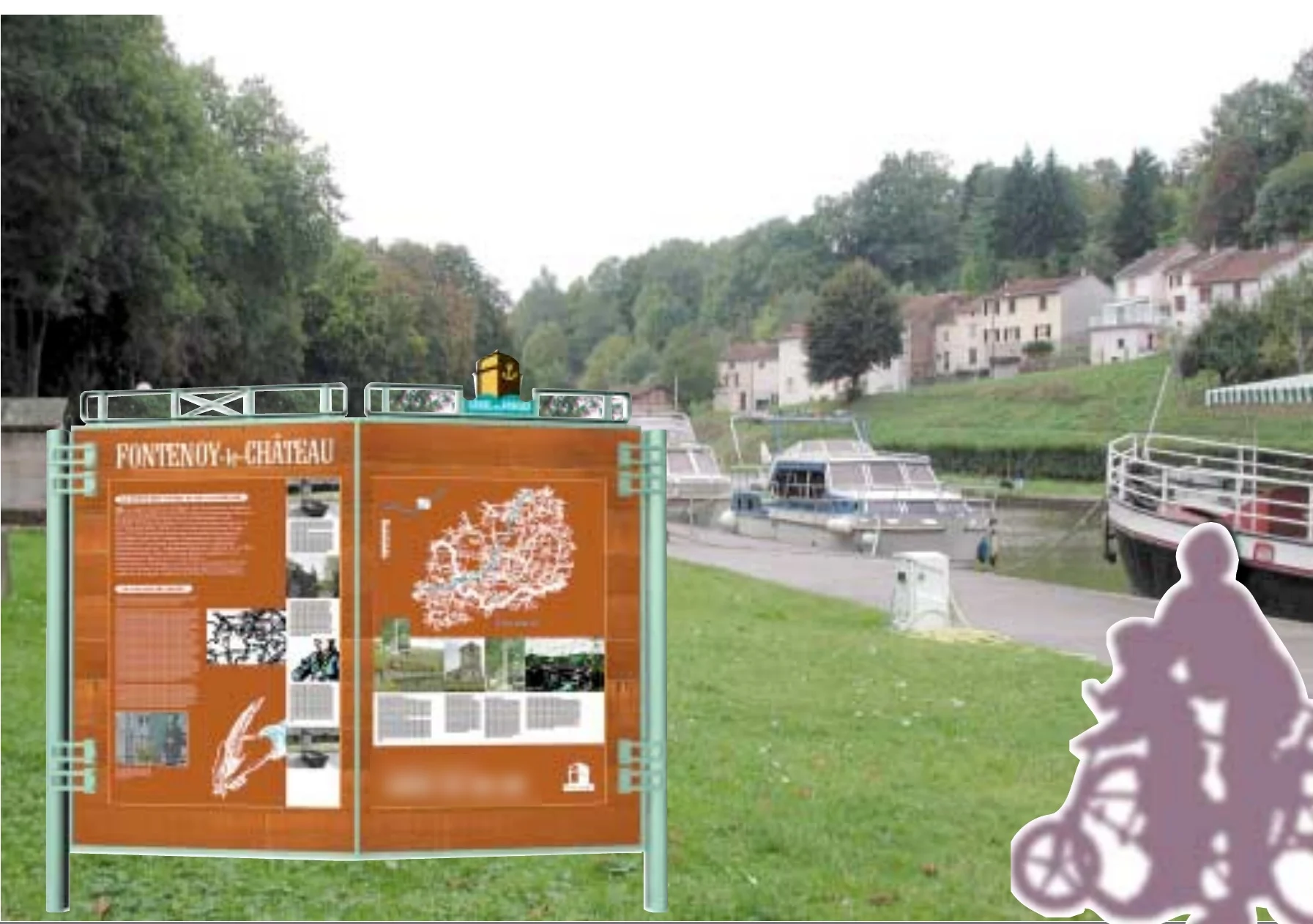 Photomontage : panneau d'interprétation brun en forme de porte d'écluse, titré Fontenoy-le-Château, posé sur la pelouse du port, avec une péniche et des silhouettes de promeneurs.