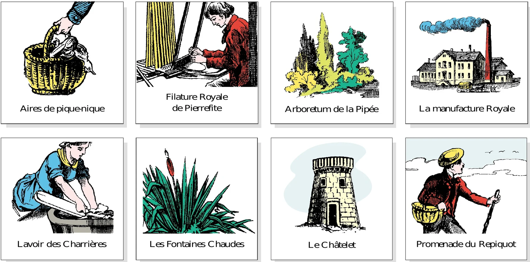 Huit pictogrammes en vignettes carrées : panier de pique-nique, fileuse, arbres de l'arboretum, manufacture fumante, lavandière, roseaux, tour, promeneur au bâton.