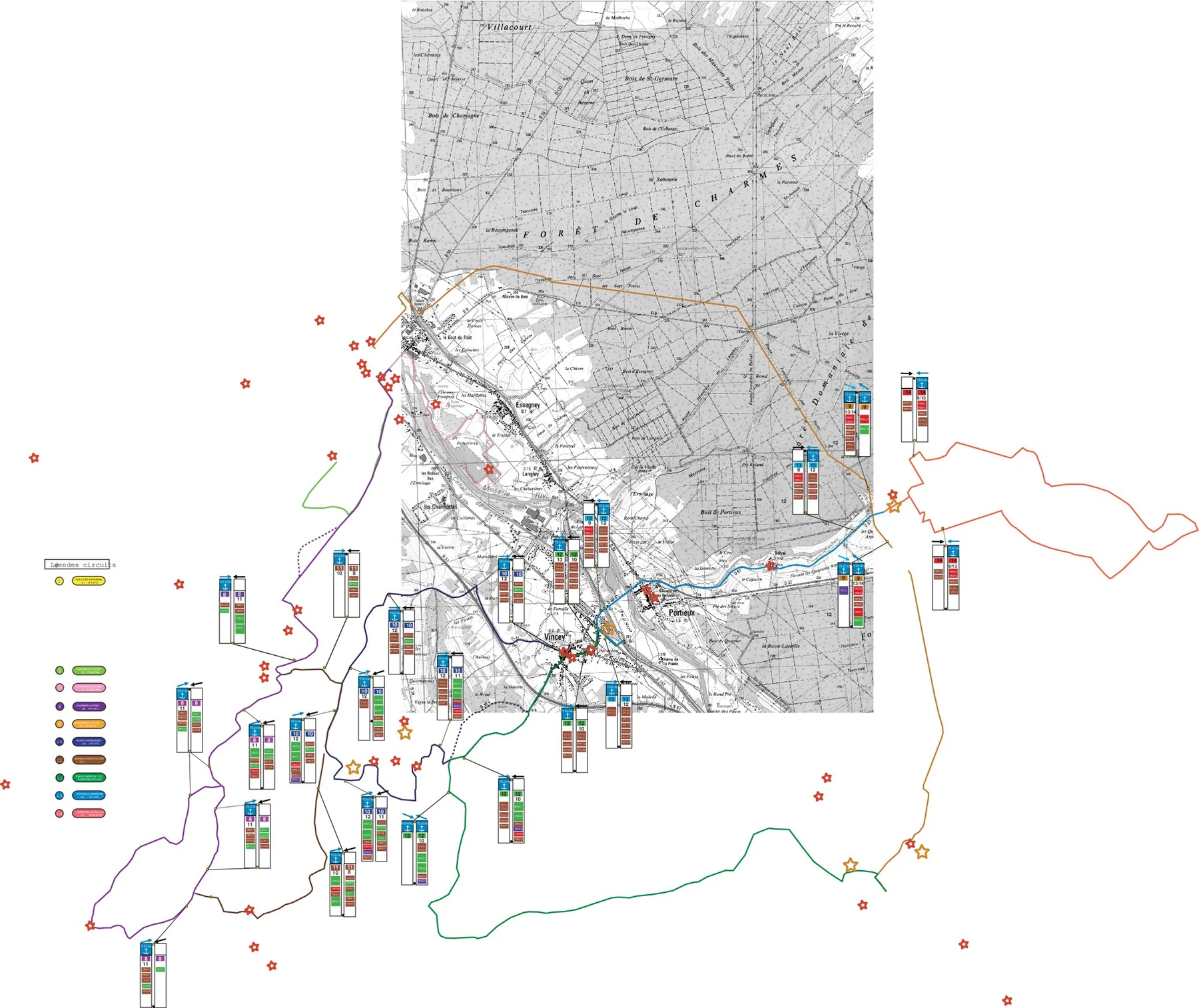 Carte du secteur Vincey, Charmes et Châtel-sur-Moselle, avec les circuits de couleur, les étiquettes de balisage et une légende.
