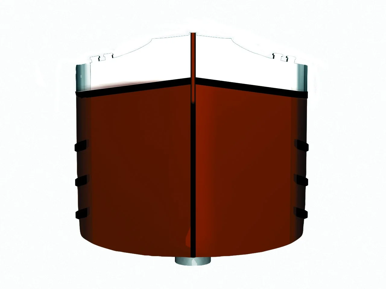 Étude de panneau en forme de proue de péniche, coque brune cerclée de métal.