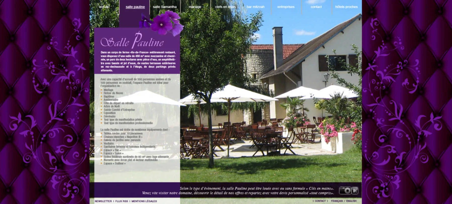 Maquette de la page Salle Pauline : cartouche violet de présentation, terrasse aux parasols blancs sous les arbres, capiton violet sur les côtés.