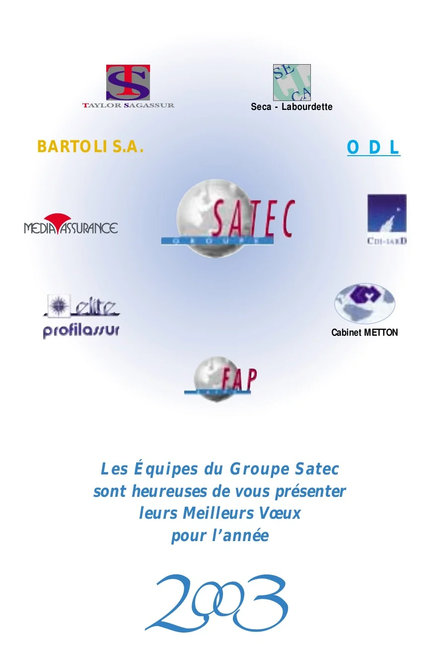 Carte de vœux : le globe Satec au centre, les logotypes des sociétés du groupe autour, et la mention 2003 en bleu.