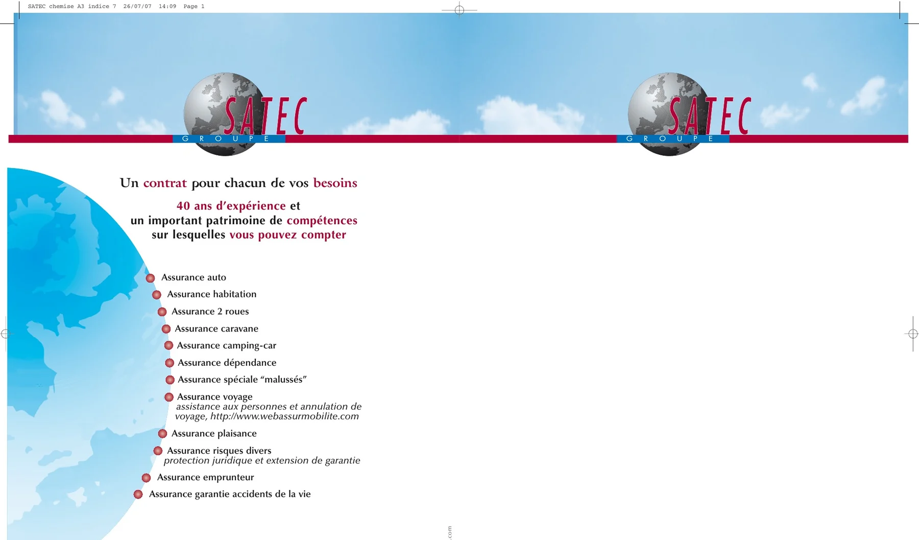 Chemise institutionnelle : ciel bleu, globe Satec, et la liste des contrats en face d'un grand globe bleu.