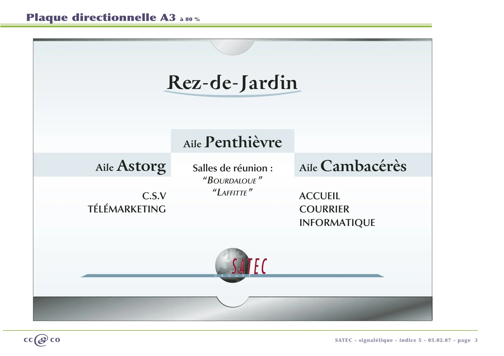 Planche : plaque directionnelle du rez-de-jardin, avec les ailes Astorg, Penthièvre et Cambacérès et leurs services.