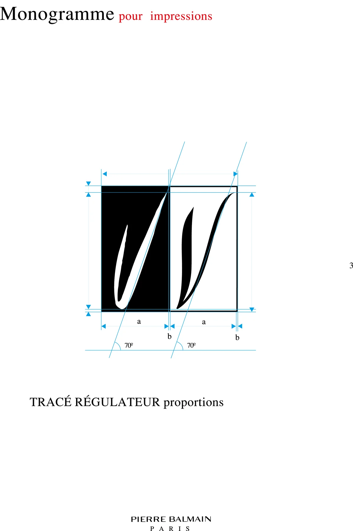 Page du cahier des normes : le monogramme sur sa grille de construction, cotes et angles de 70 degrés en bleu.