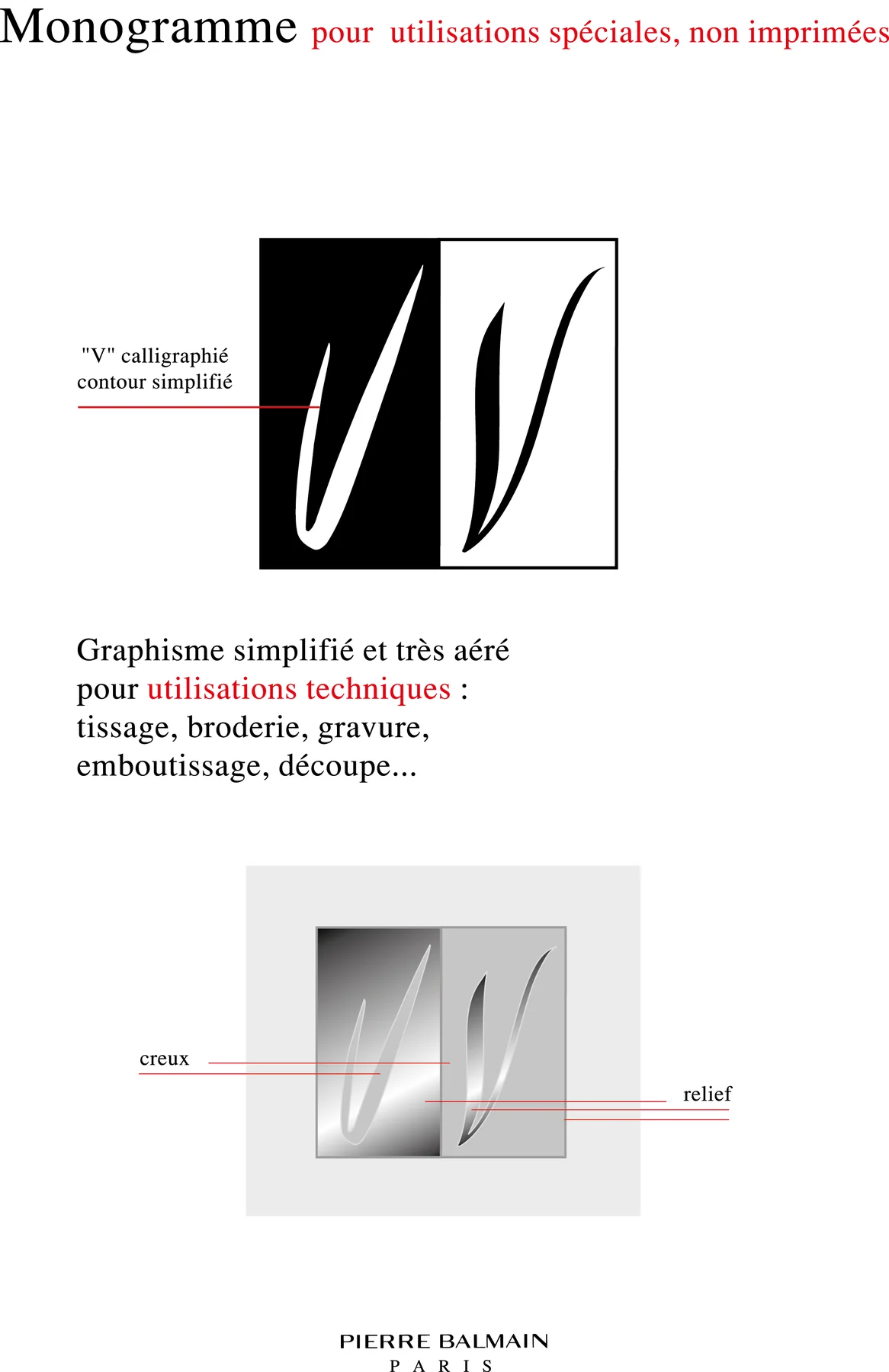 Page du cahier : le monogramme au contour simplifié, puis sa version en creux et en relief, en dégradé gris.