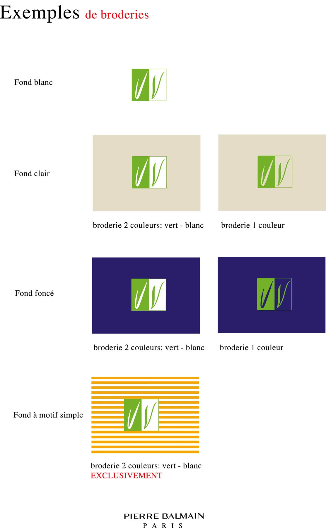 Page du cahier : le monogramme brodé sur fond blanc, clair, foncé et rayé, en deux couleurs ou en une.