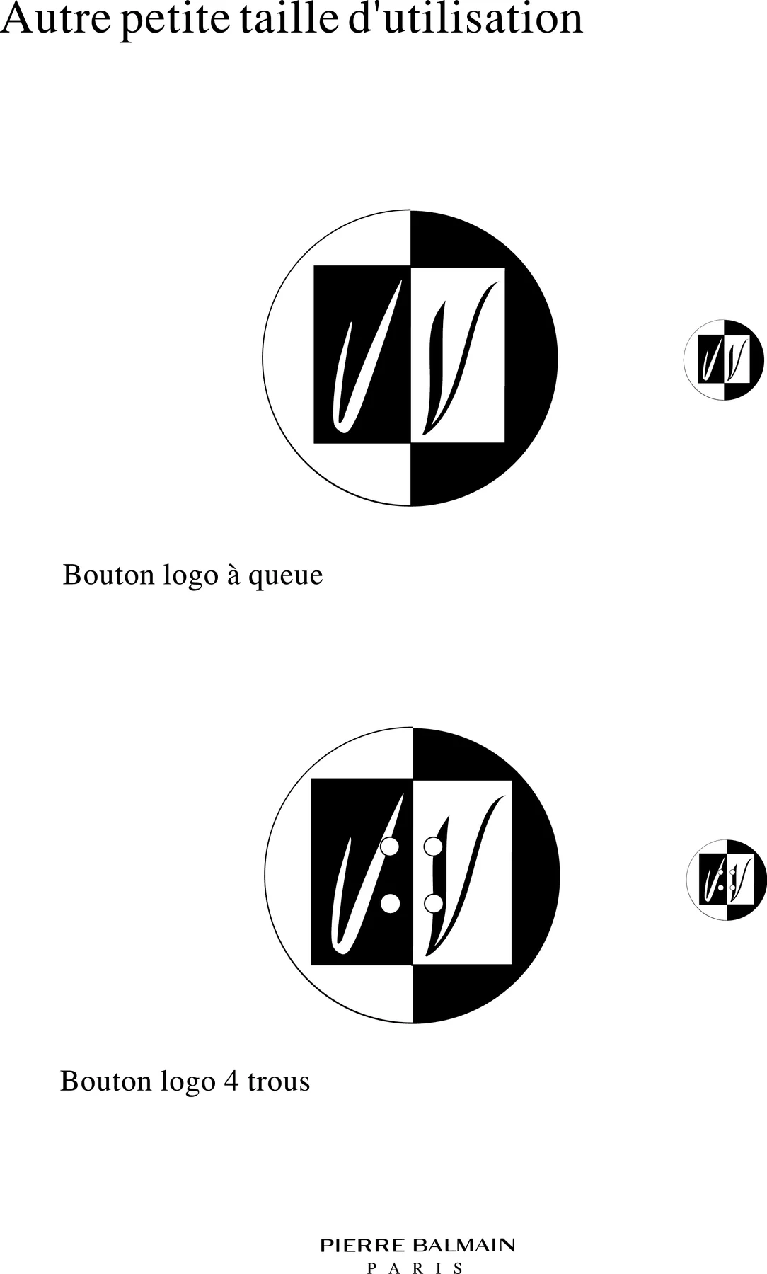 Page du cahier : le monogramme inscrit dans un bouton rond, bouton à queue et bouton à quatre trous, en deux tailles.