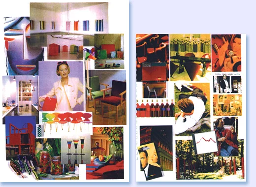 Deux planches de tendances côte à côte, collages de photographies de mode, d'intérieurs colorés et d'objets.