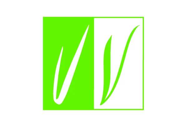 Monogramme de deux V calligraphiés, blanc sur un carré vert et vert sur un carré blanc, côte à côte.